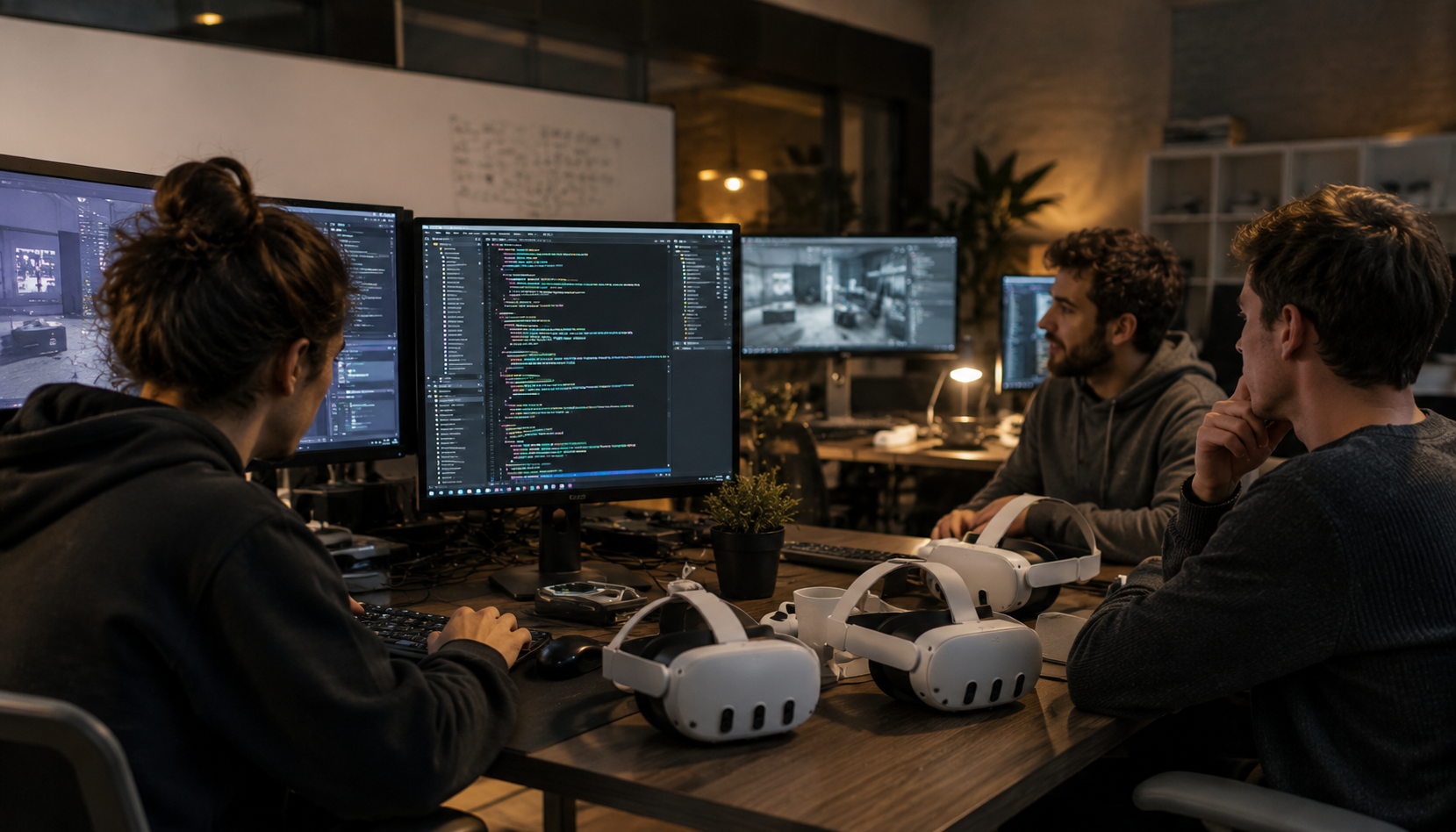 An L&D professional reviewing a custom VR training module on a Meta Quest headset